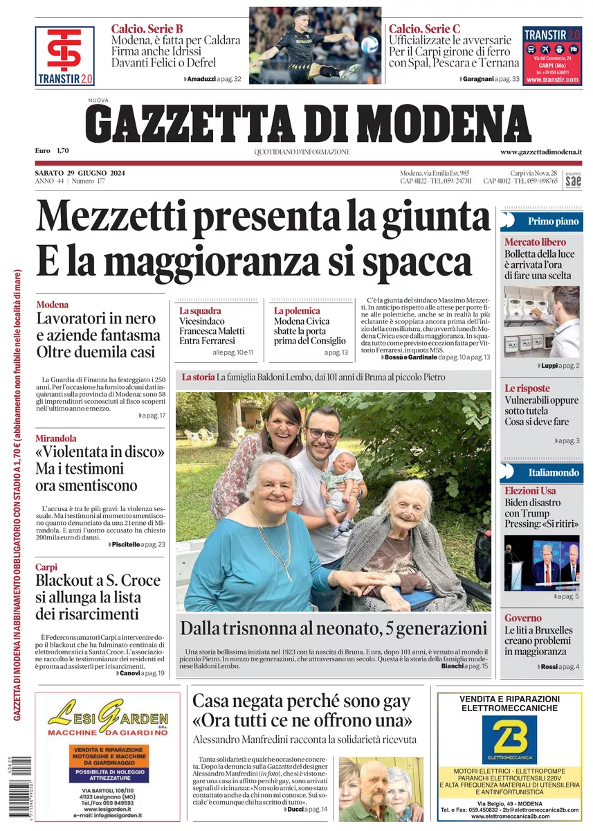 Prima-pagina-gazzetta di modena-oggi-edizione-del-2024-06-29